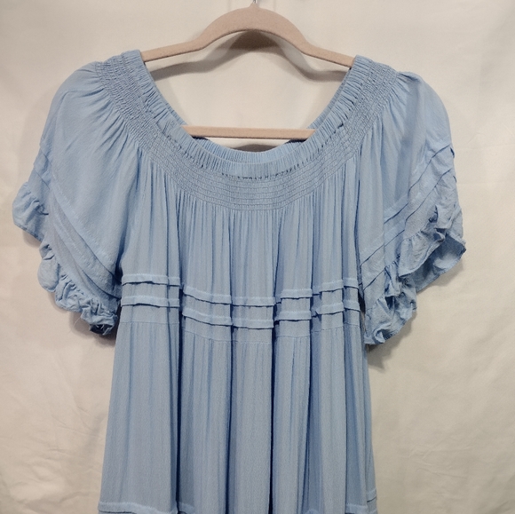 1st Sight Babydoll Dress Women's L Blue Ruffle Lace Tiered Flowy Beach Coastal - Picture 2 of 8